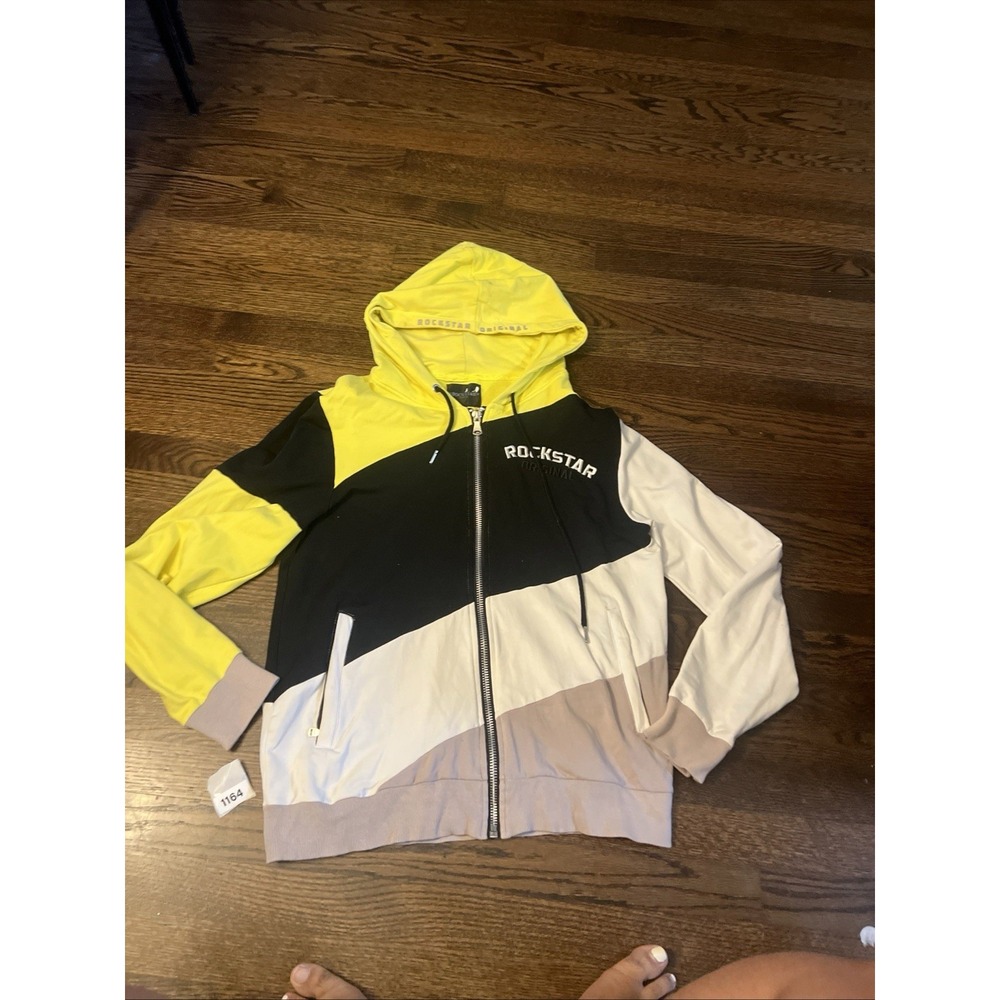 Rockstar Original Embroidered Full Zip Hoodie Sweatshirt Mens L Yellow Black